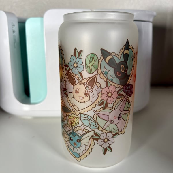Vaso de cristal Eevee Revolution / Lata de cristal Eeveelution con tapa y pajita