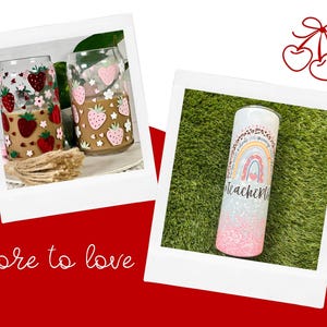 May include: Two glass tumblers with red and pink strawberry and white flower patterns, and one tall cylindrical tumbler featuring a rainbow, leopard print, and the text teacherlife with a pink and white glitter gradient base.