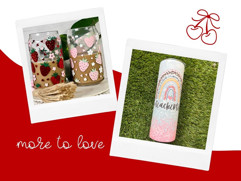 May include: Two glass tumblers with red and pink strawberry and white flower patterns, and one tall cylindrical tumbler featuring a rainbow, leopard print, and the text teacherlife with a pink and white glitter gradient base.