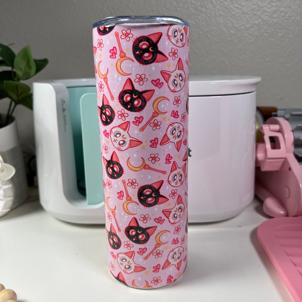 Sailor Moon Cats Stainless Steel Tumbler | Cute Luna and Artemis Pink Anime Cup | Gift for Her Friend Sister Valentine