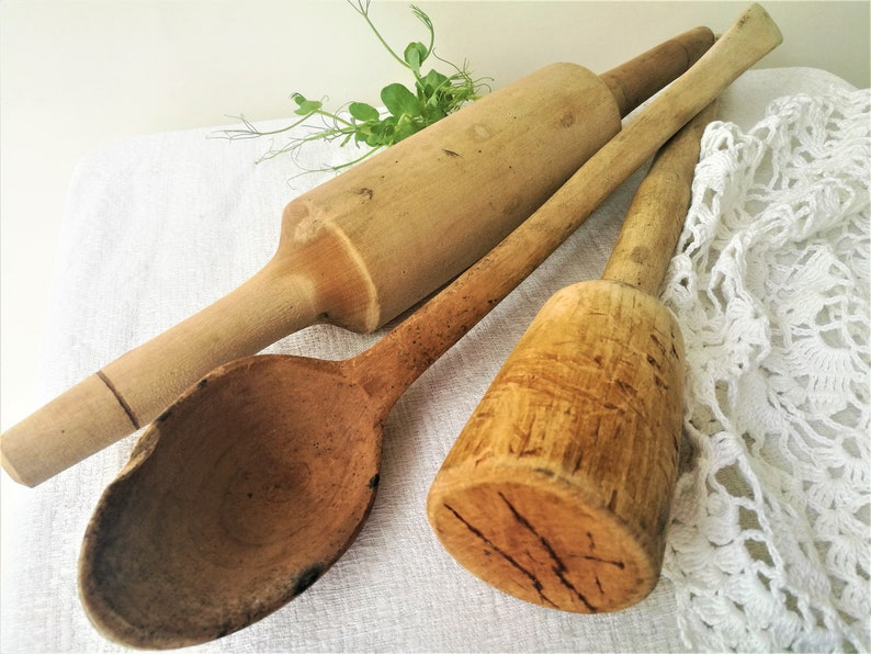 Vintage Handmade Wooden Kitchen Utensils Primitive Wooden Etsy