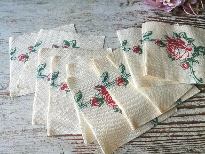 Soviet paper Napkins set of 14 napkins Roses Napkins Floral napkins Rustic Home Decor Collectible Soviet era napkins