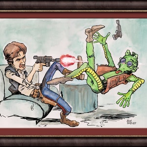 Puede incluir: Una ilustración de acuarela de un Han Solo de dibujos animados disparando un bláster a un extraterrestre verde de dibujos animados, que está cayendo hacia atrás. El extraterrestre lleva un chaleco marrón y pantalones amarillos. La ilustración está firmada "Eric Pardeilaf".