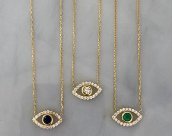Evil Eye Necklace - Evil Eye Jewelry - Nazar Necklace - Evil Eye Pendant - Cubic Zirconia - Protection Necklace - GOLD/CLEAR STONE