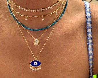 Gold Hamsa Necklace - Hamsa Hand Pendant - Cubic Zirconia - Hamsa Hand Necklace - Hamsa Jewelry - Hamsa Pendant - Hand Of Fatima -Blue Stone