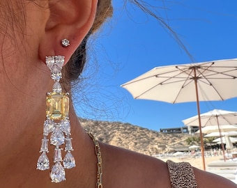 Sterling Silver Chandelier Earrings: Simulated Yellow Diamond Glamour