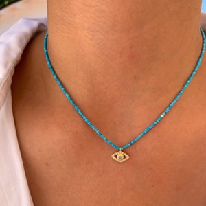 Natural Turquoise Beaded Evil Eye Necklace: Protection Jewelry