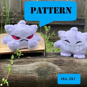 May include: Two plush purple Gengar Pokemon plushies, one with an angry expression and the other with a smiling expression. The plushies are sitting on a wooden bench and a wooden log. The text "PATTERN" is in a blue speech bubble above the plushies. The text "4X4, 5X7" is in a blue rectangle below the plushies.