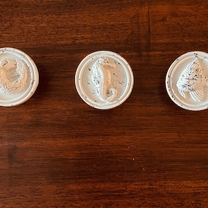 May include: Three white, circular decorative wall hangings with distressed blue accents. Each features a different sea creature: a fish, a seahorse, and another fish. The items are arranged on a dark wood surface.
