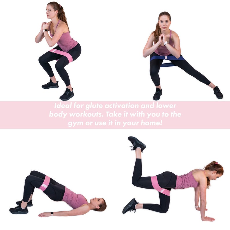 May include: Four images showing different exercises using a pink resistance band. The text "Ideal for glute activation and lower body workouts. Take it with you to the gym or use it in your home!" is displayed below the images.