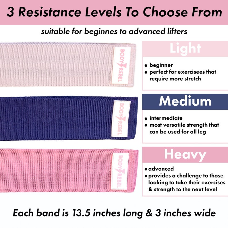 May include: Three resistance bands in pink, blue, and light pink with the text "BODY REBEL" on each band. The bands are labeled "Light", "Medium", and "Heavy" with descriptions of each level. Each band is 13.5 inches long and 3 inches wide.