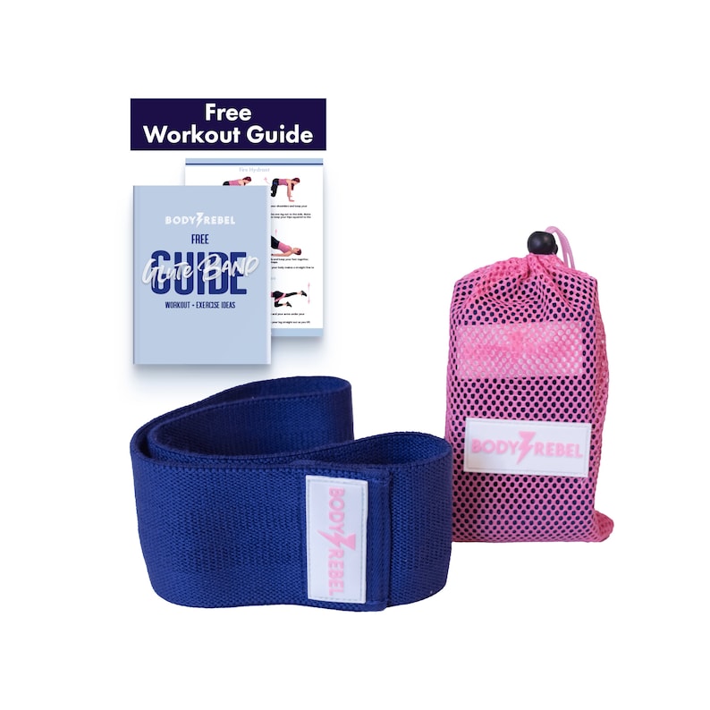 May include: A blue resistance band with the words "BODY REBEL" printed on it. The band is rolled up and comes with a pink mesh drawstring bag. A free workout guide is also included.