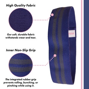 May include: A blue exercise resistance band with two gray stripes. The band has a non-slip grip on the inside to prevent rolling. The band is made of a soft, durable fabric that is resistant to wear and tear.