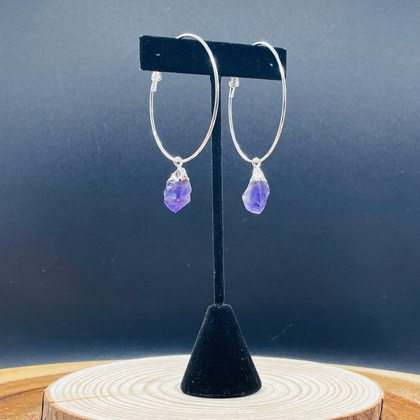 Silver and Amethyst Hoop Boho Earrings (Amethyst Hoops)