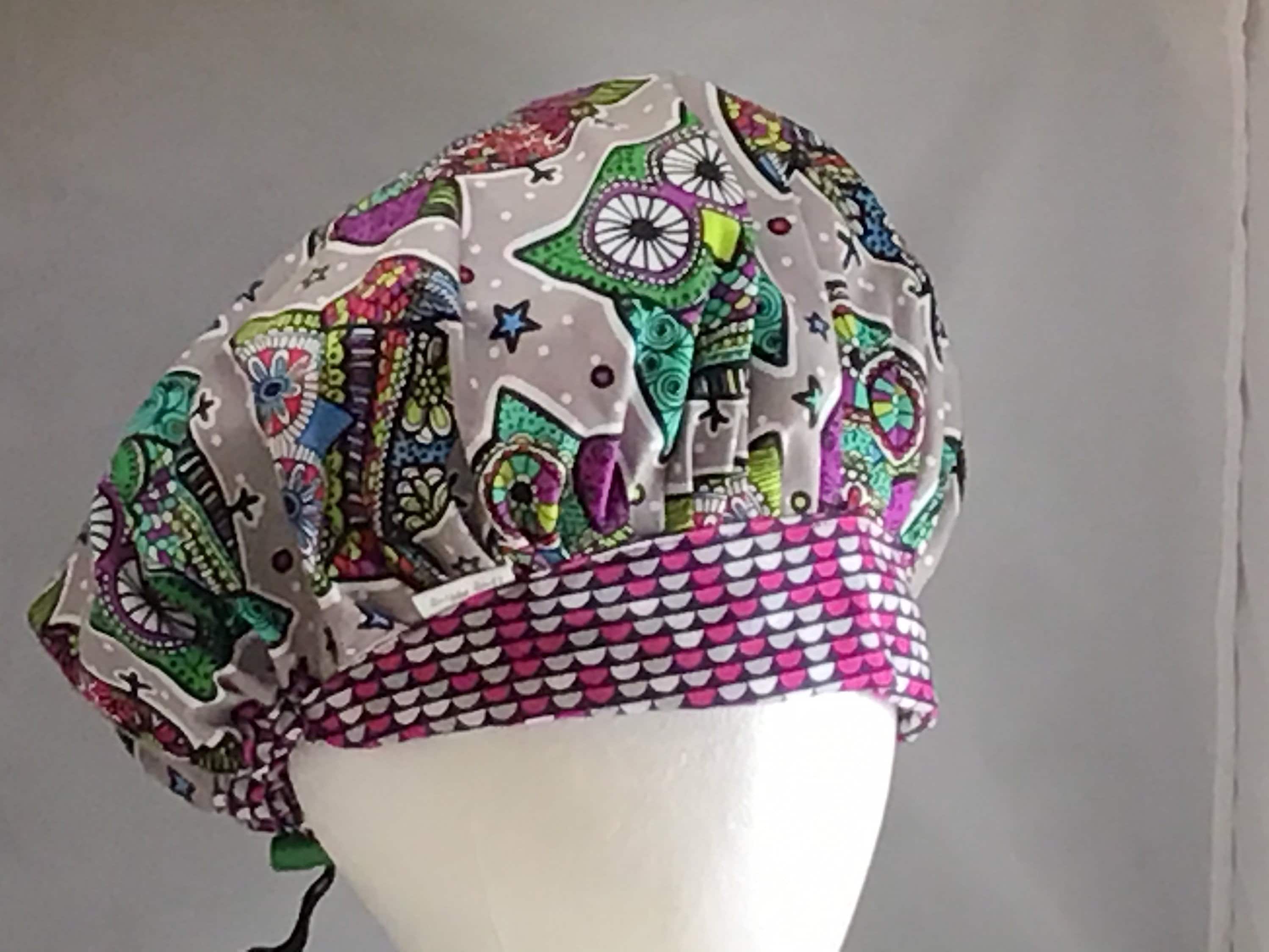 OWLS WHOTTY WHOTT are you Bouffant Scrub Hat/Cap/Owl Patter in Multi Greens/Gray/Purple/front purple