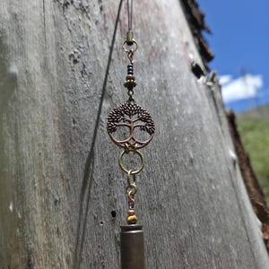 sɪɴɢʟᴇ ᴊɪɴɢʟᴇs • Tree of Life & Tiger's Eye • Upcycled Bullet Shell Casing Mini Wind Chime