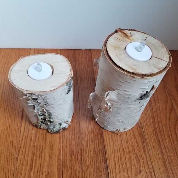 Two Birch Pillar Candle Holders PLUS 2 Tealights, Birch Decor, Birch Wedding, Rustic, Birch Wood