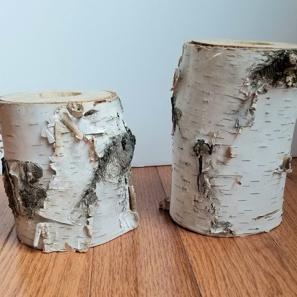 Two Birch Pillar Candle Holders PLUS 2 Tealights, Birch Decor, Birch Wedding, Rustic, Birch Wood