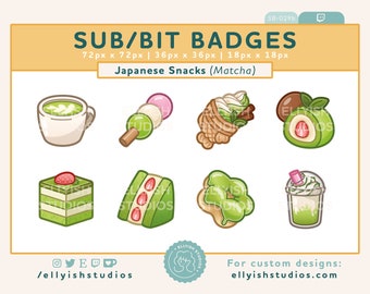 8 Japanese Snacks Matcha Sub Badges | Green Tea Food Treats Dessert Cute | Mochi Ice cream Dango Dumpling | Streamer Aesthetic P2U Twitch