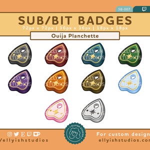 May include: A selection of colourful Ouija planchette badges, with designs in grey, burgundy, teal, and gold. Each planchette has a starburst and a hole. The image includes the text "SUB/BIT BADGES" and "Ouija Planchette".
