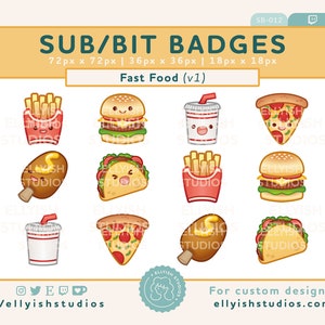 Cute Fast Food Twitch Sub Badges | Set of 6 with 2 versions Faces & Plain | Bit Badge | Kawaii | Streamer | Fries | Soda | Burger | Pizza