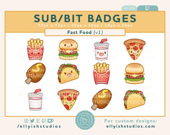 Cute Fast Food Twitch Sub Badges | Set of 6 with 2 versions Faces & Plain | Bit Badge | Kawaii | Streamer | Fries | Soda | Burger | Pizza