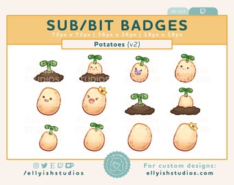 Cute Potato Twitch Sub Badges V2 | Set of 6 with 2 versions Faces & Plain | Bit Badges | Cute Kawaii | Streamer | Spud | Plant Growth