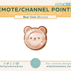 Pode incluir: Um emote de moeda de urso de cor bronze com um rosto de urso de desenho animado. O emote mede 112 pixels por 112 pixels e é rotulado como "Moeda de urso (Bronze)".