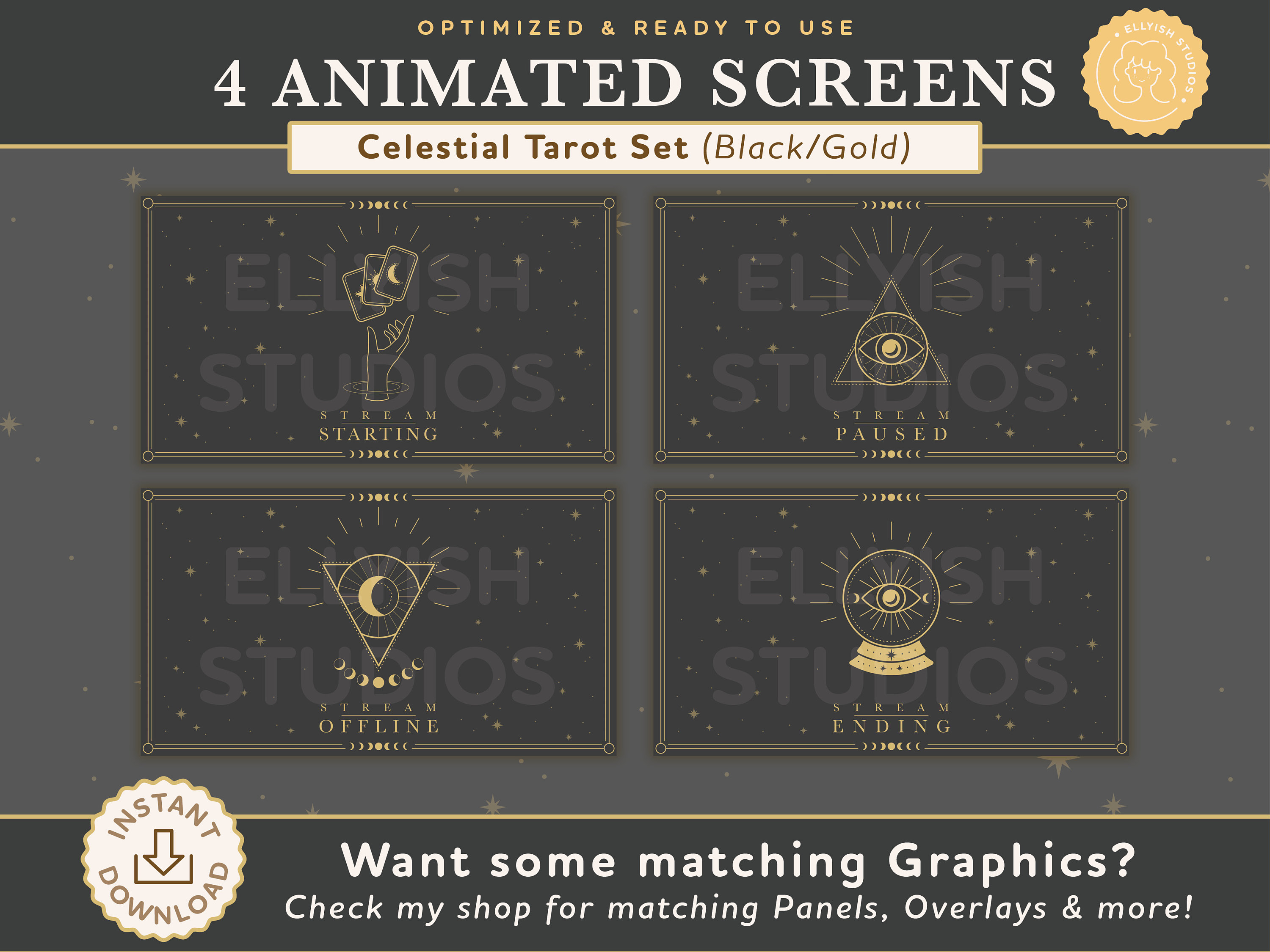 4 Stream Full Screen Overlay | Tarot Card Celestial | Black and Gold ...