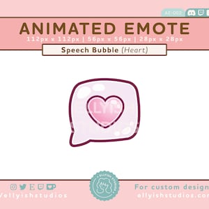 May include: Animated emote of a pink speech bubble with a pink heart inside. The emote is 112 pixels by 112 pixels.