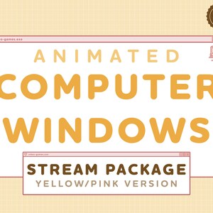 以下が含まれることがあります： 黄色とピンクのアニメーションコンピューターウィンドウのストリーミングパッケージ。ウィンドウのタイトルバーに「video-games.exe」というテキストが表示されています。