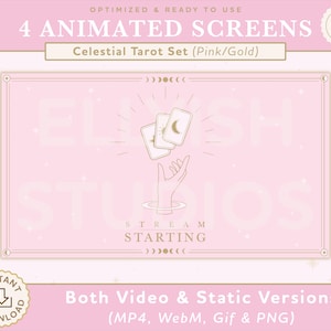 4 ANIMATED Twitch Streamer Screens | Magical Celestial Tarot Card | Pink and Gold Aesthetic | Stars Witch Space Goth | Gameplay