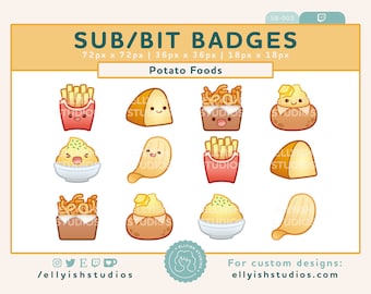 Mignons sous-badges Twitch de nourriture de pomme de terre | Lot de 6 avec 2 versions Faces & Plain | Insigne de bits | Kawaii mignon | Streamer | Purée de frites frisées