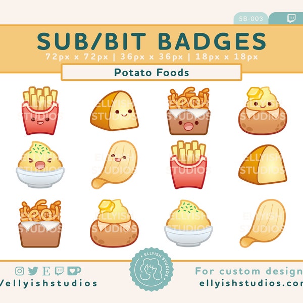 Cute Potato Food Twitch Sub Badges | Set of 6 with 2 versions Faces & Plain | Bit Badge | Cute Kawaii | Streamer | Curly Fries Mash Chip