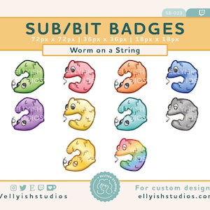Könnte beinhalten: Satz von 8 digitalen Abzeichen mit einem Cartoon-Wurm an einer Schnur in verschiedenen Farben, darunter Grün, Rot, Orange, Blau, Lila, Gelb, Türkis und Grau. Die Abzeichen sind für Twitch konzipiert und in den Größen 72px, 36px und 18px verfügbar.