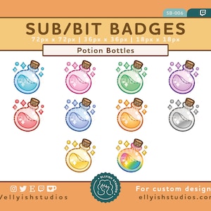 May include: A set of nine colorful potion bottle badges in various colors, including blue, pink, green, purple, red, light blue, yellow, orange, and rainbow. The badges are 72 pixels by 72 pixels, 36 pixels by 36 pixels, and 18 pixels by 18 pixels. The badges are designed for use on Twitch, Discord, and other online platforms.