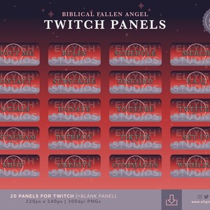 May include: Twenty Twitch panels with a red and purple gradient background. Each panel features a white circle with a black outline and text in a black serif font. The text on the panels includes: About Me, Rules, Schedule, Merch, Contact, Subscribe, Discord, F.A.Q, Socials, Donate, Youtube, Twitter, Instagram, Patreon, Tiktok, Set-Up, Shop, Credits, Commands, and Wishlist.