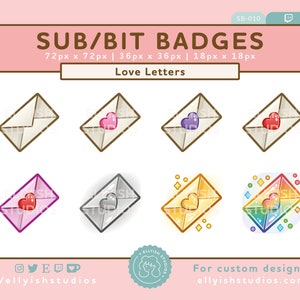 8 Sub insignias de Twitch de carta de amor / Correo de San Valentín / Corazones rojos rosados lindos / Bits de alegría / Conjunto de insignias de suscripción / Estética / Streamer