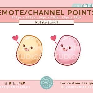 May include: Two cartoon potato emotes, one beige and one pink, each with a smiling face and a pink heart above them. The text "EMOTE/CHANNEL POINTS" is at the top, with "Potato (Love)" in the middle.