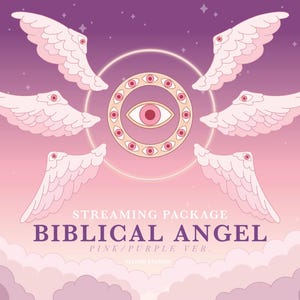 May include: A digital art piece featuring a pink and purple gradient background with stylized angel wings and a central eye design. Text reads "Streaming Package Biblical Angel Pink/Purple Ver."