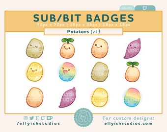 Cute Potato Twitch Sub Badges V1 | Set of 6 with 2 versions Faces & Plain | Bit Badges | Cute Kawaii | Streamer | Spud | Sweet Potato