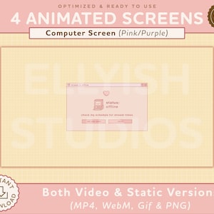 May include: Animated computer screen with a pink and purple colour scheme. The screen displays a message that says "status: offline" and includes a heart icon. The text "check my schedule for stream times" is also displayed on the screen.