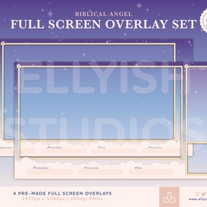 May include: Four pre-made full screen overlays for streaming, featuring a purple and blue gradient background with white clouds and gold stars. The overlays include sections for chat, followers, bits, and donations.