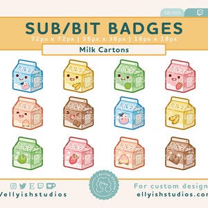Emblemas de Twitch Sub de caixa de leite fofa | Conjunto de 6 | 2 versões Faces & Plain | Emblema de bits | Flâmula Kawaii | Chocolate Morango Pêssego |ミ ル ク