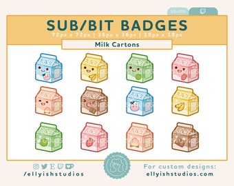 Badges Twitch mignons en carton de lait | Lot de 6 | 2 versions Visages et uni | Insigne de mors | banderole kawaii | Chocolat Fraise Pêche | ??