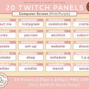 May include: Pink and purple Twitch panels with various labels like "about me," "instagram," and "donate." The design resembles computer windows, with a heart icon in the corner. The image includes the text "20 Twitch Panels."