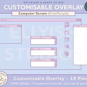19 Set Twitch Stream Customisable Overlay | Pixel Computer | Pastel Pink & Purple Aesthetic | Cute | Overlay | Gamer | Kawaii