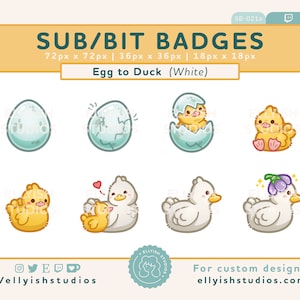 8 Sub Insignias de Twitch de pato blanco huevo / Sombrero de flor de pato / Lindos patitos bebé Goose Bird Spring / Suscribirse / Cottagecore Estética / Streamer