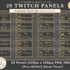 20 paneles Twitch Stream / Tarot Card Celestial / Estética negra y dorada / Stars Witch Space Goth / Gameplay / Streamer Graphics / Stream
