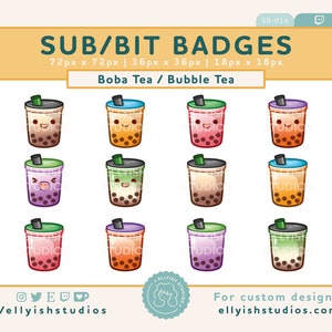 Schattige Boba Bubble Tea Twitch Sub-badges | Set van 6 met 2 versies Faces & Plain | Bit-badge | Kawaii | Wimpel